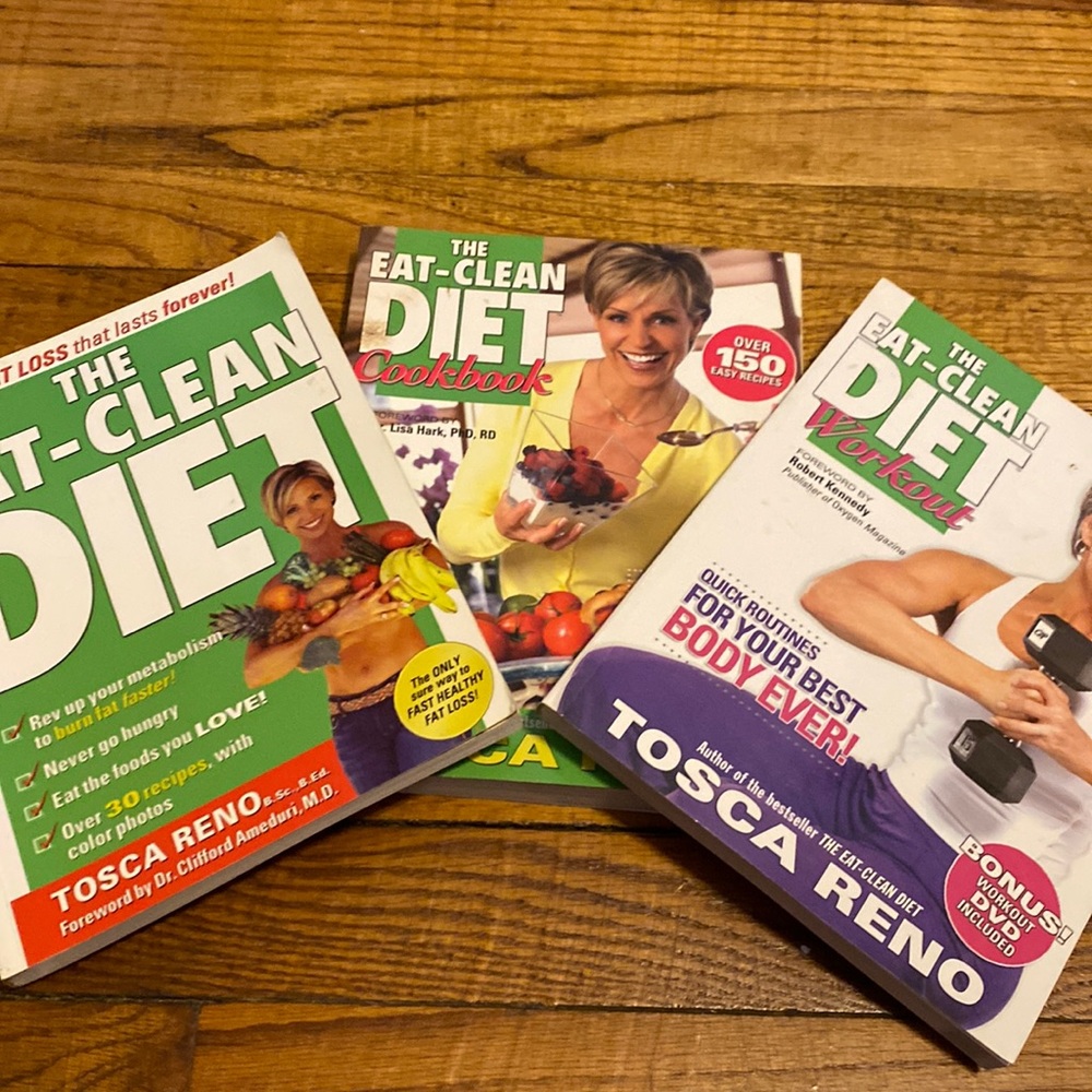 The eat clean diet, three books a cookbook, and workout book. By Tosca Reno